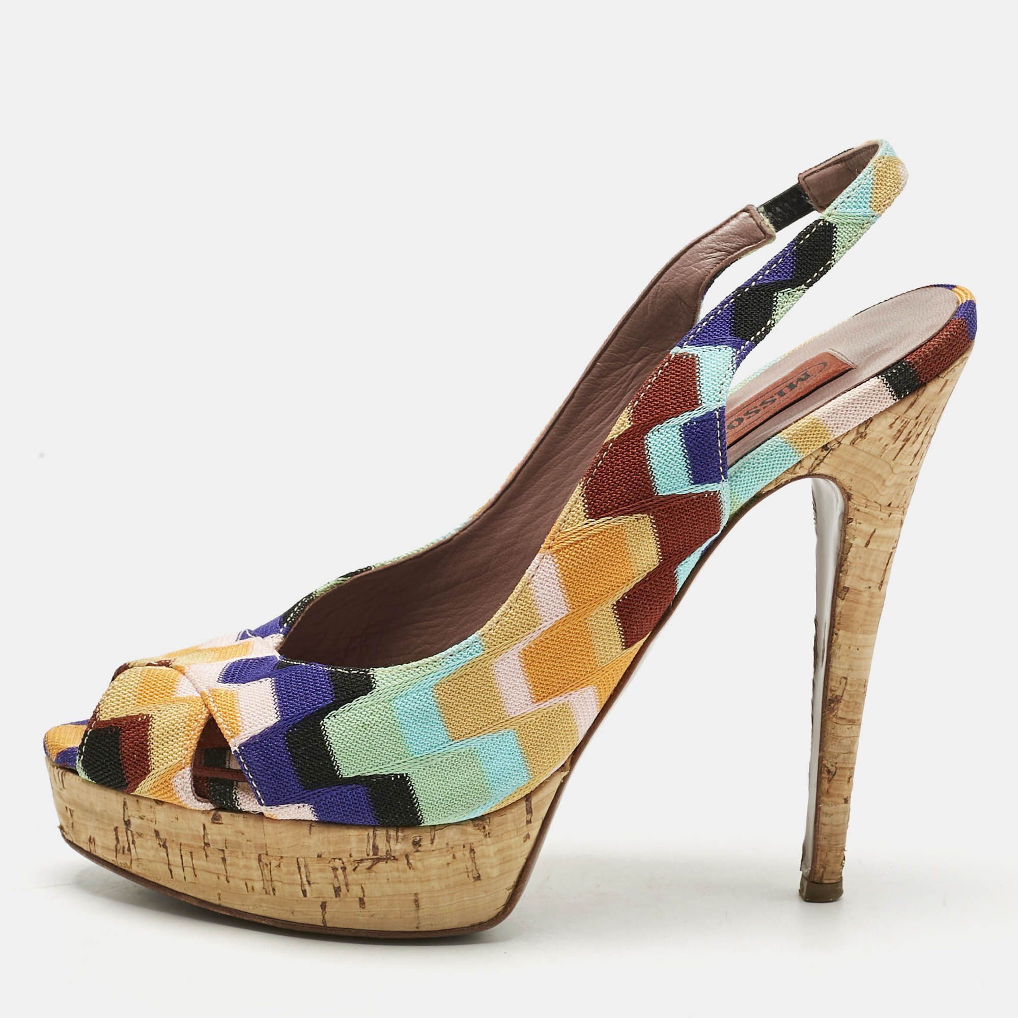 Pre-owned Missoni Multicolor Knit Fabric Platform Peep Toe Slingback Sandals Size 39