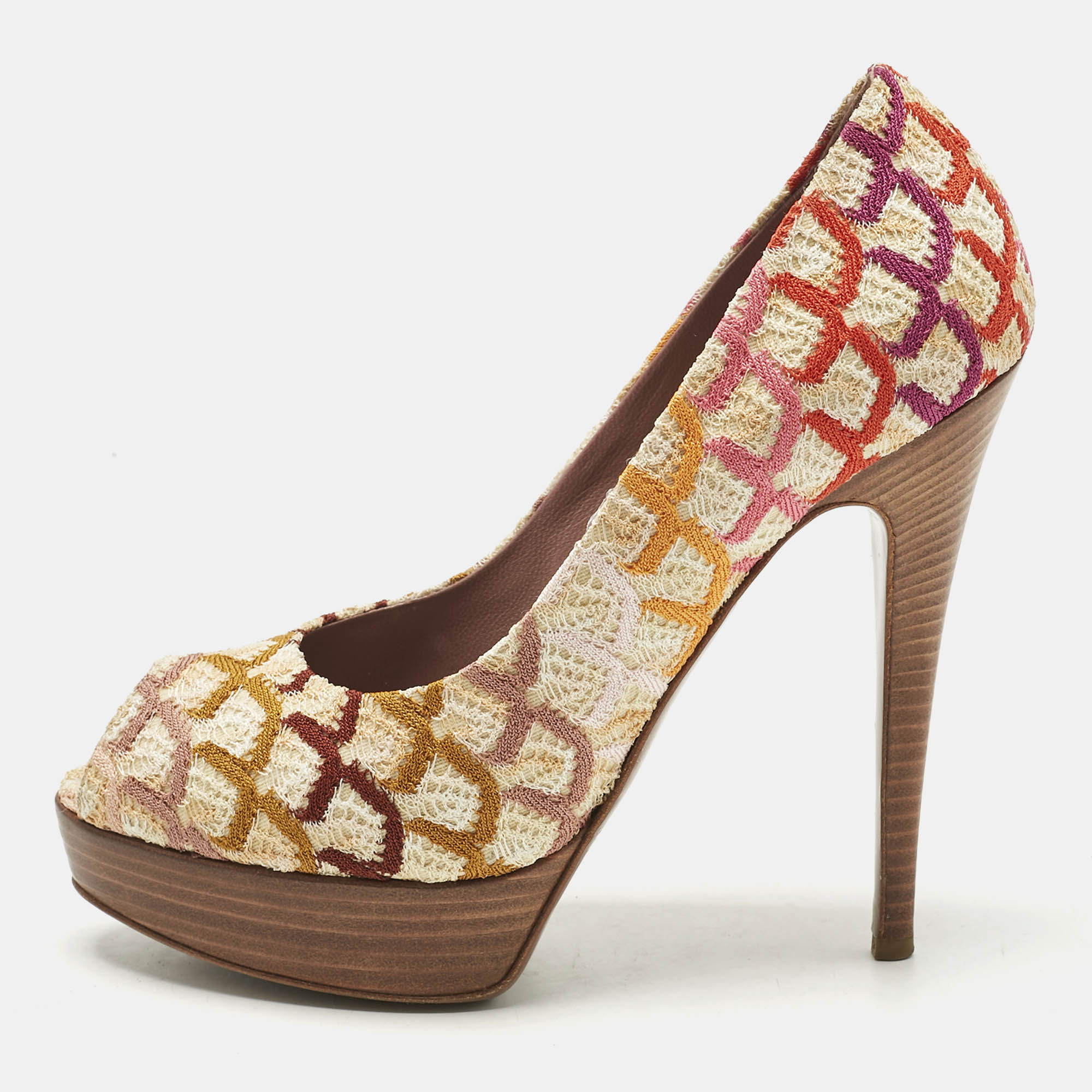 

Missoni Multicolor Knit Fabric Platform Peep Toe Pumps Size