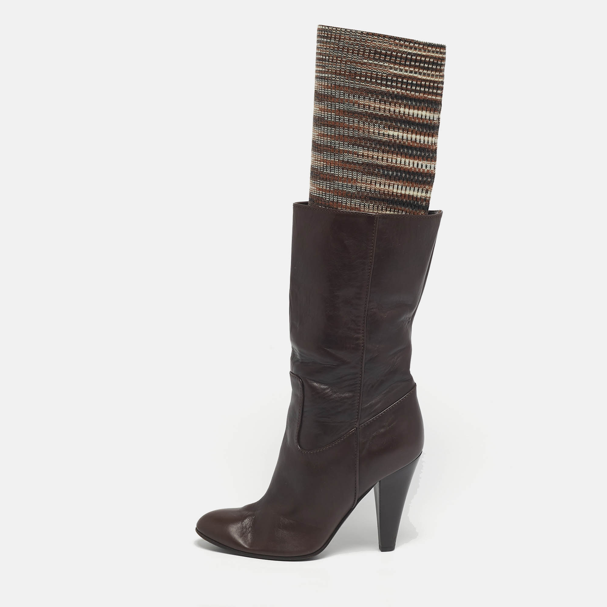 Pre-owned Missoni Brown Leather And Knit Fabric Knee High Boots Size 37.5