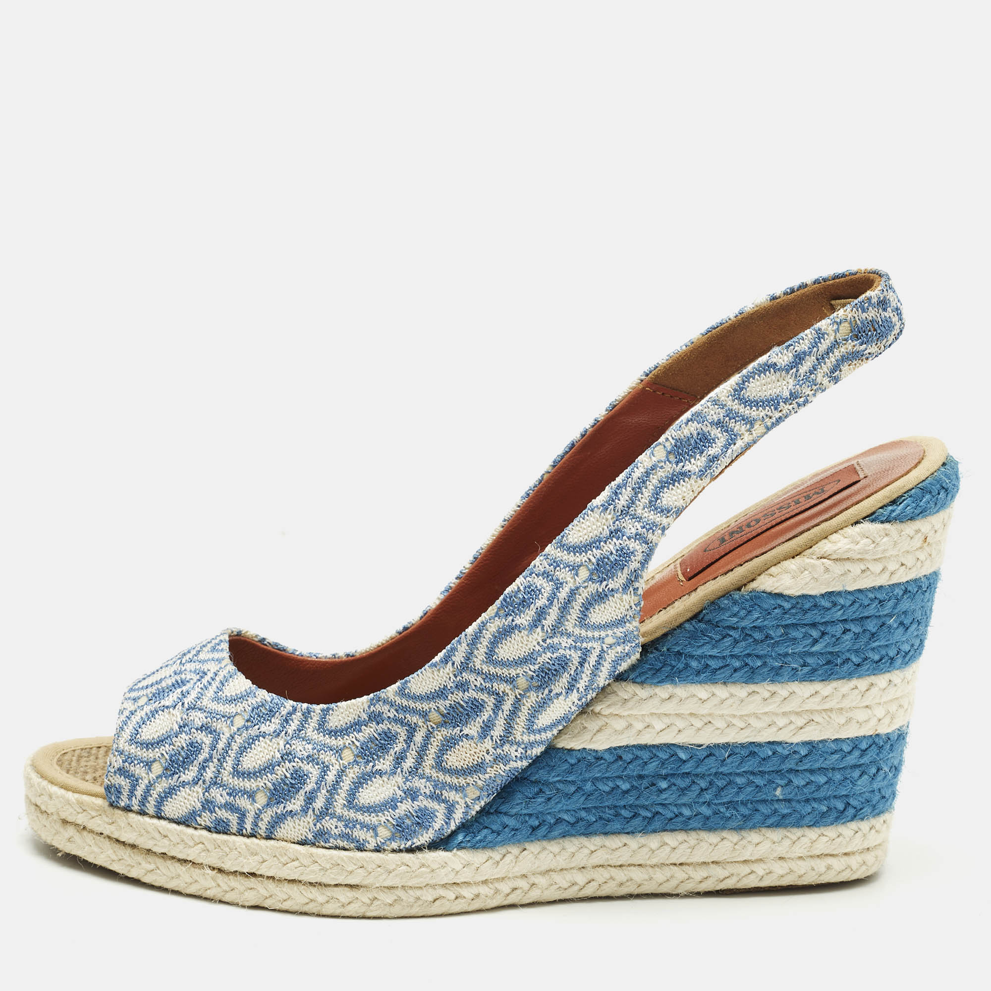 

Missoni Size  Blue/White Brocade Fabric Wedge Slingback Sandals