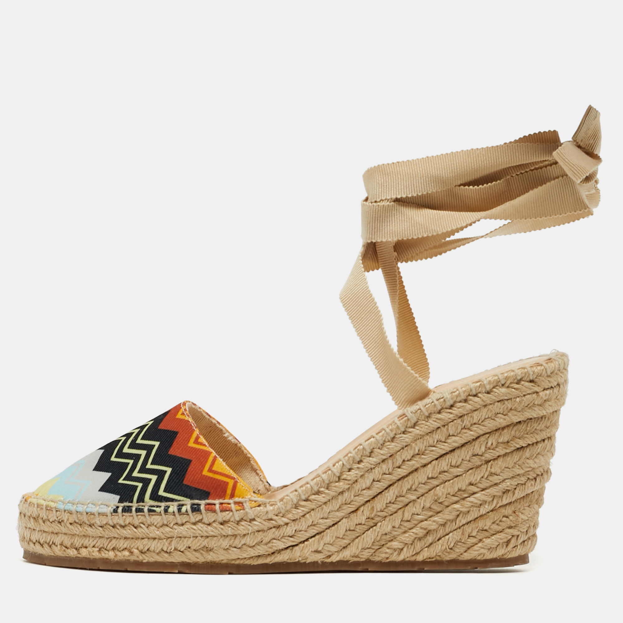 

Missoni Size  Multicolor zig zag Canvas Espadrille Ankle Wrap Wedge Sandals