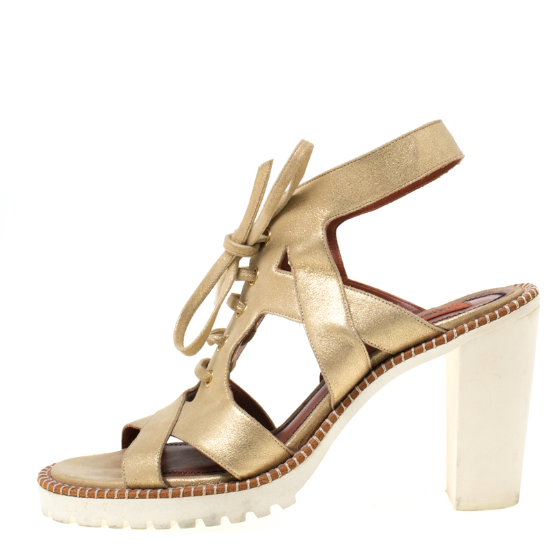 

Missoni Metallic Gold Suede Cut Out Lace Up Sandals Size
