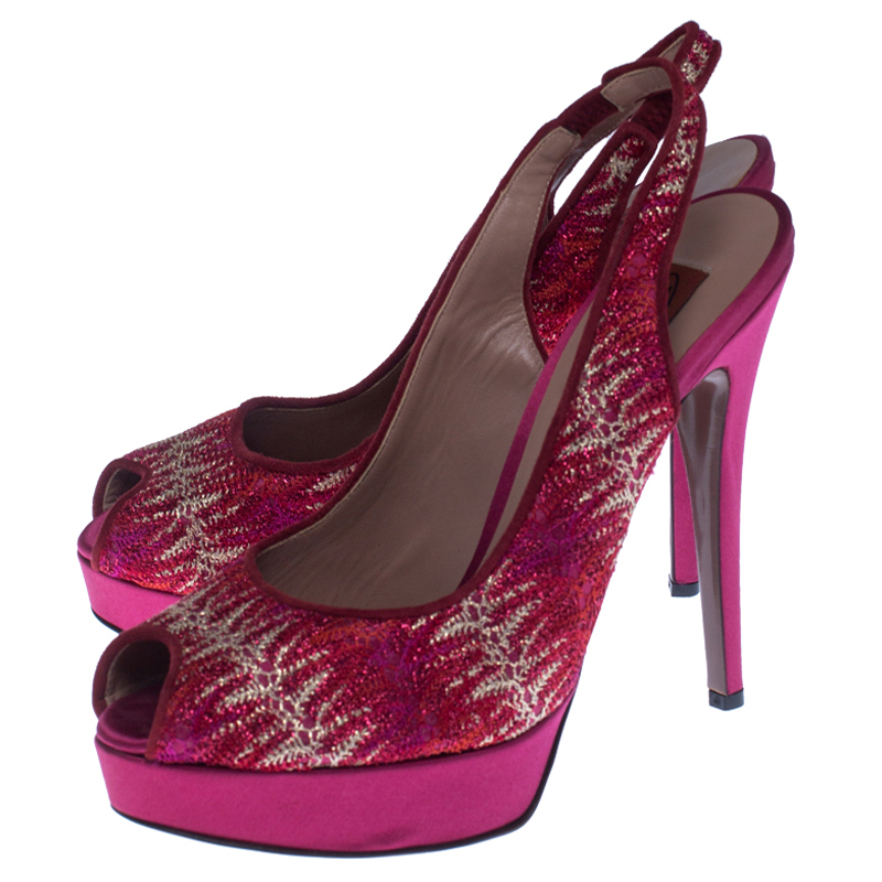 Pre-owned Missoni Pink Lace And Satin Peep Toe Slingback Platform Sandals Size 39