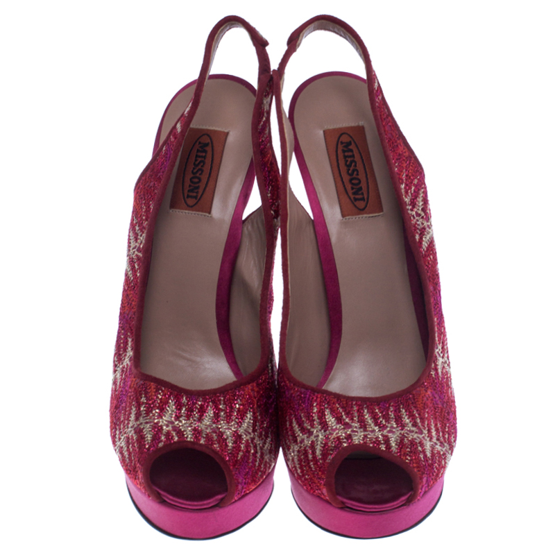 Pre-owned Missoni Pink Lace And Satin Peep Toe Slingback Platform Sandals Size 39