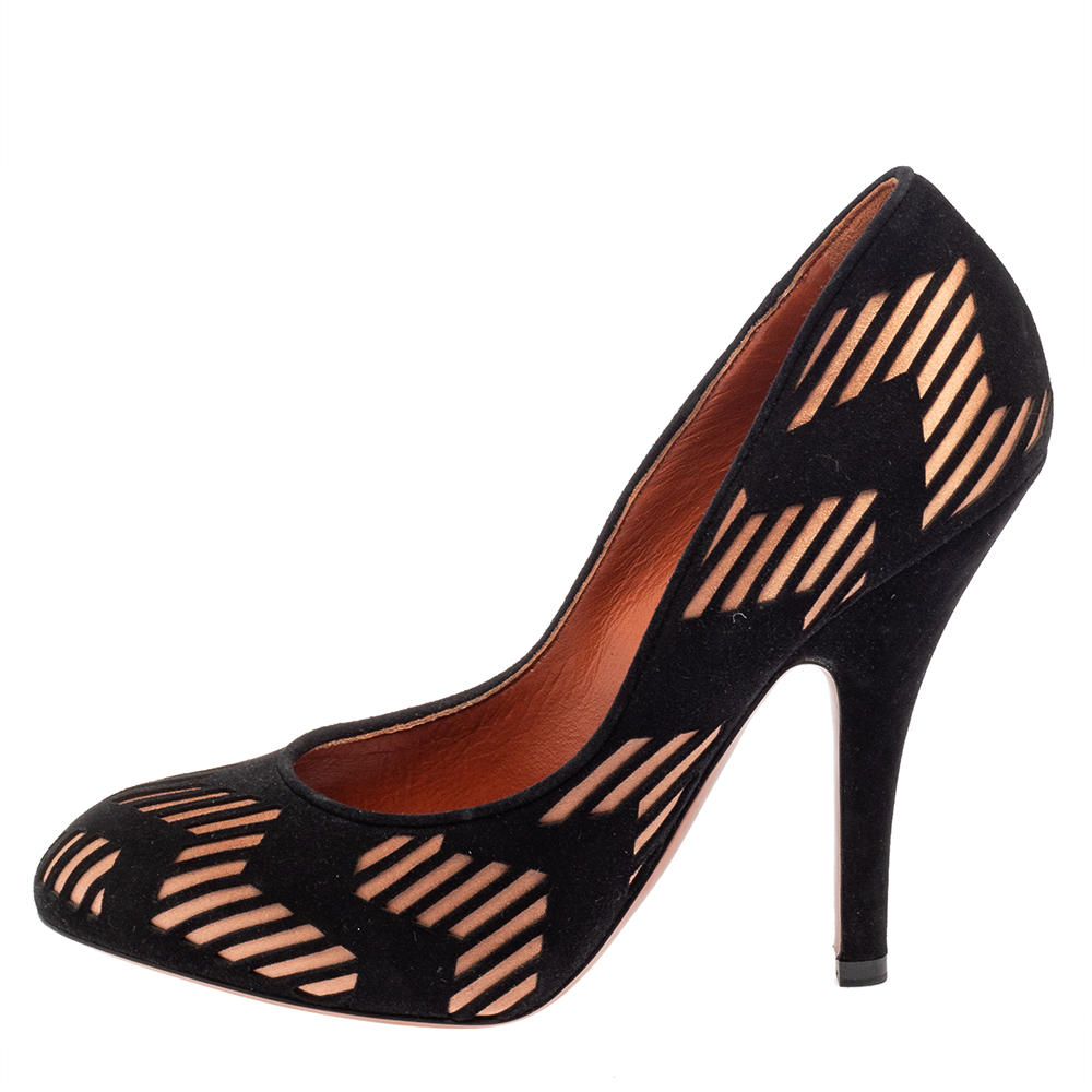 

Missoni Black Laser Cut Suede And Pink Satin Round Toe Pumps Size