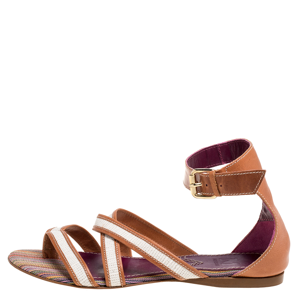 

Missoni Beige/White Leather And Fabric Flat Sandals Size