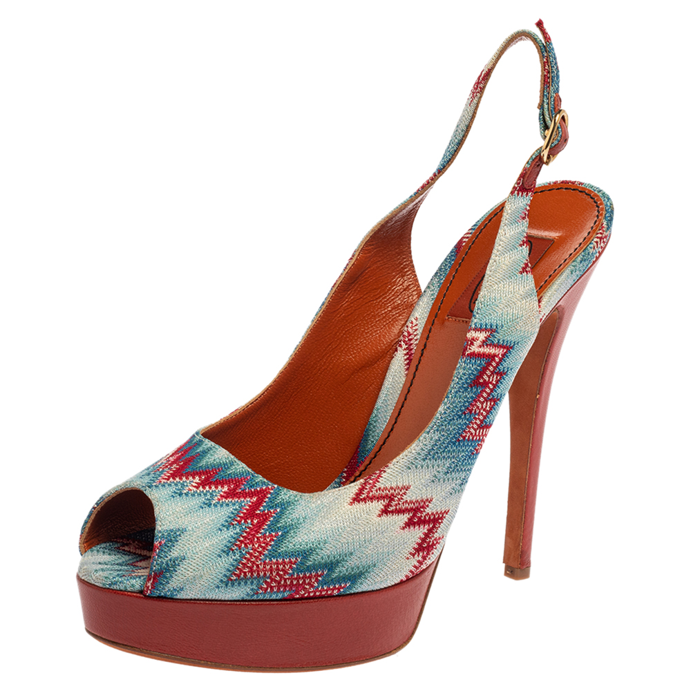 Pre-owned Missoni Multicolor Knit Fabric Peep Toe Platform Slingback Sandals Size 40