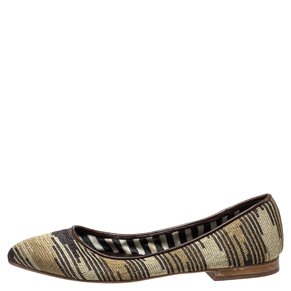 

Missoni Metallic And Brown Fabric And Leather Ballet Flats Size