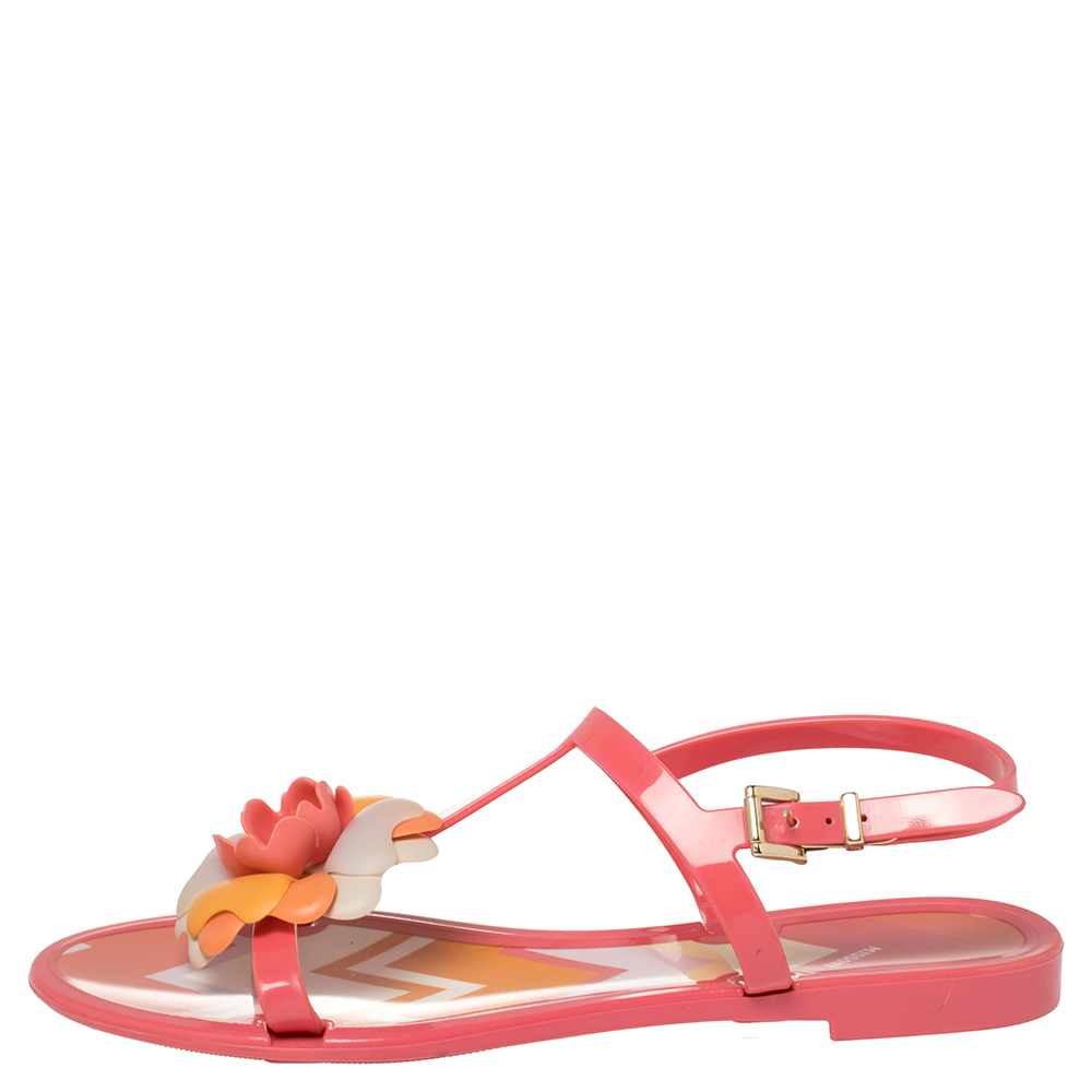 

Missoni Pink Rubber Rose Ankle Strap Flat Sandals Size