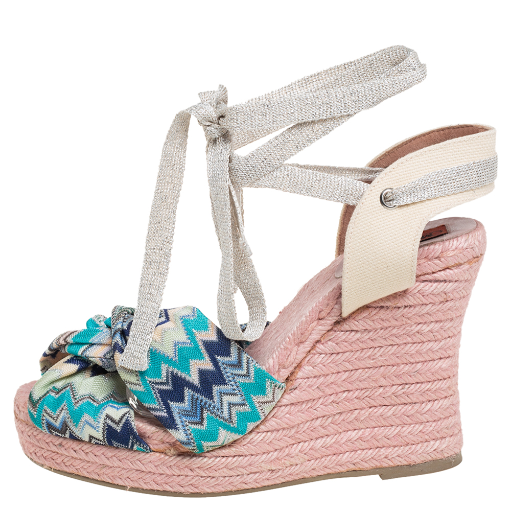 

Missoni Multicolor Knit Fabric And Canvas Knotted Espadrille Wedge Ankle Wrap Sandals Size