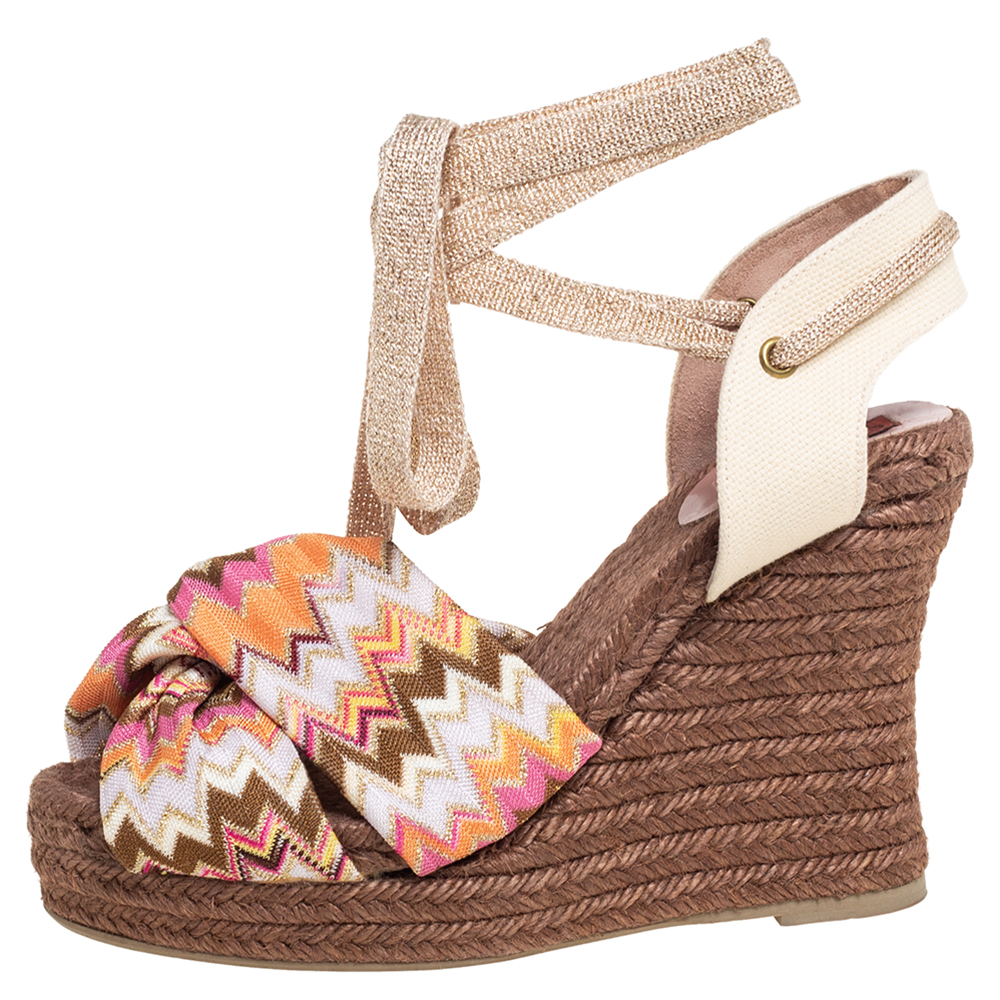 

Missoni Multicolor Knit Fabric And Canvas Knotted Espadrille Wedge Ankle Wrap Sandals Size