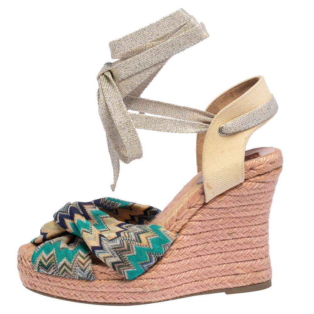 

Missoni Multicolor Lurex Fabric And Canvas Knotted Espadrille Wedge Ankle Wrap Sandals Size