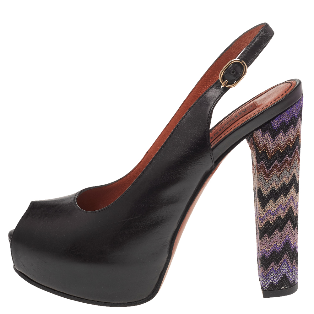 

Missoni Black Leather Peep Toe Platform Slingback Sandals Size