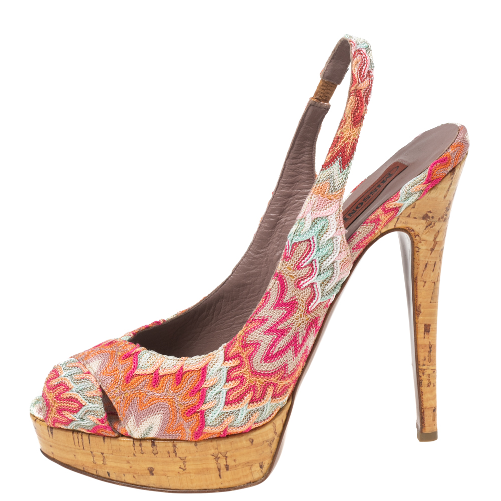 

Missoni Multicolor Weave Fabric Peep-Toe Platform Slingback Sandals Size