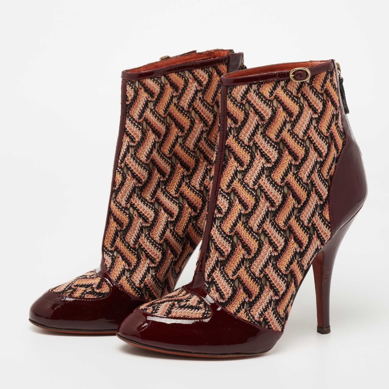 

Missoni Burgundy Patterned Knit Fabric And Patent Leather Ankle Length Boots Size