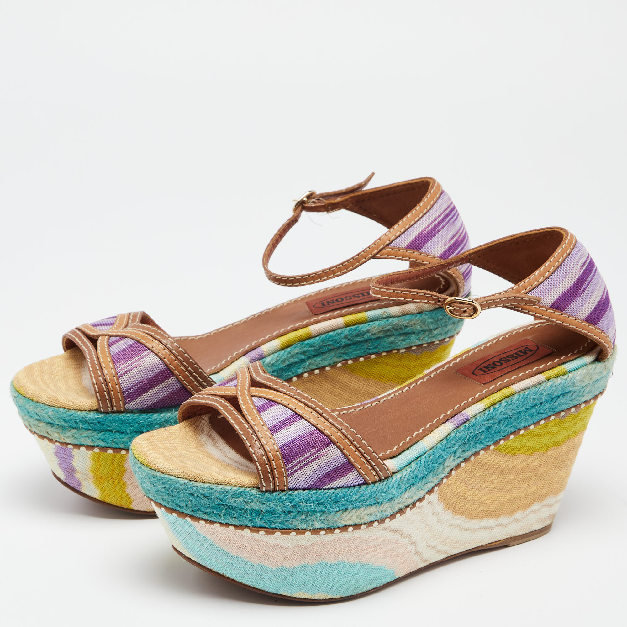 

Missoni Multicolor Canvas And Leather Platform Ankle Strap Sandals Size