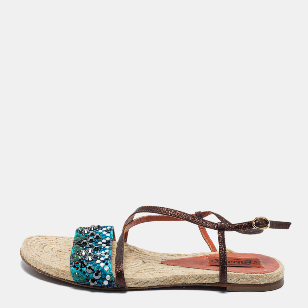 

Missoni Blue/Dark Brown Crystal Embellished Fabric and Leather Ankle Strap Flat Sandals Size