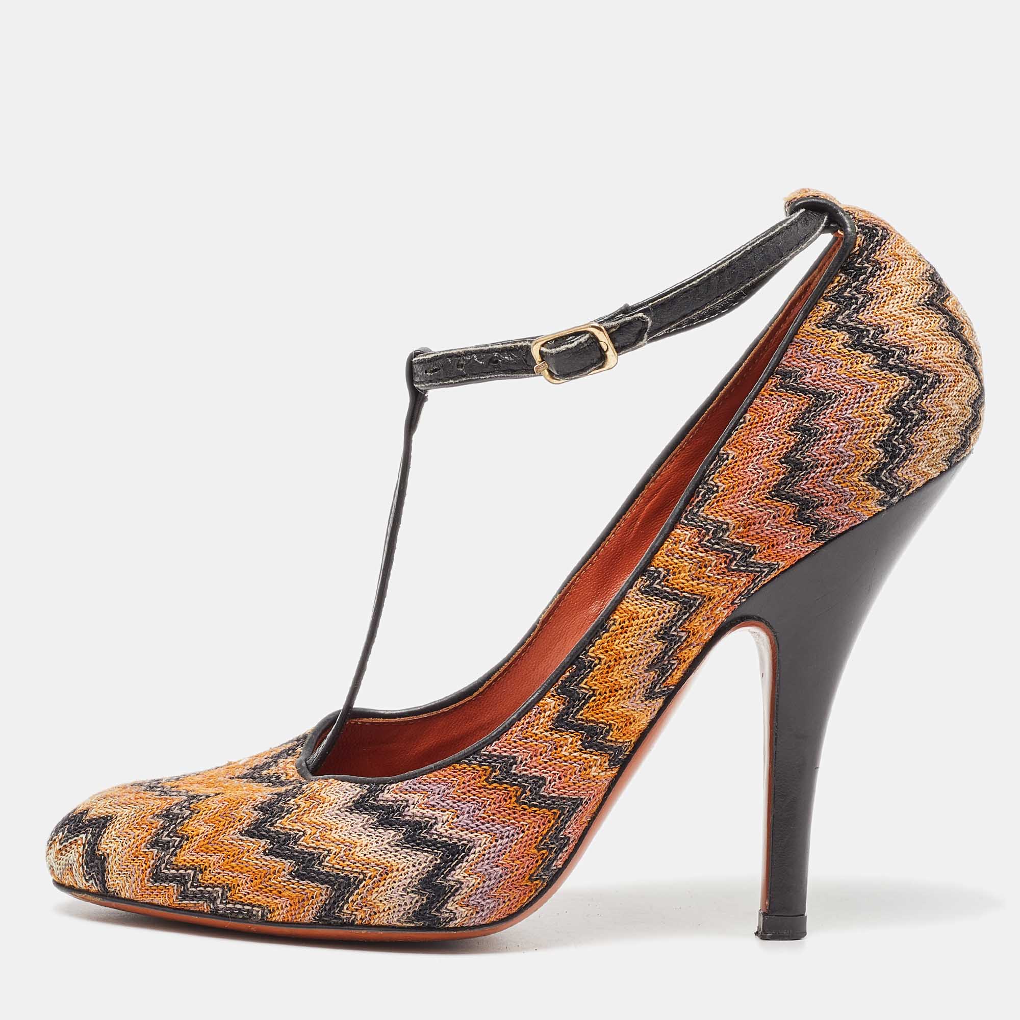 

Missoni Black/Orange Fabric and Leather Ankle T-Strap Pumps Size