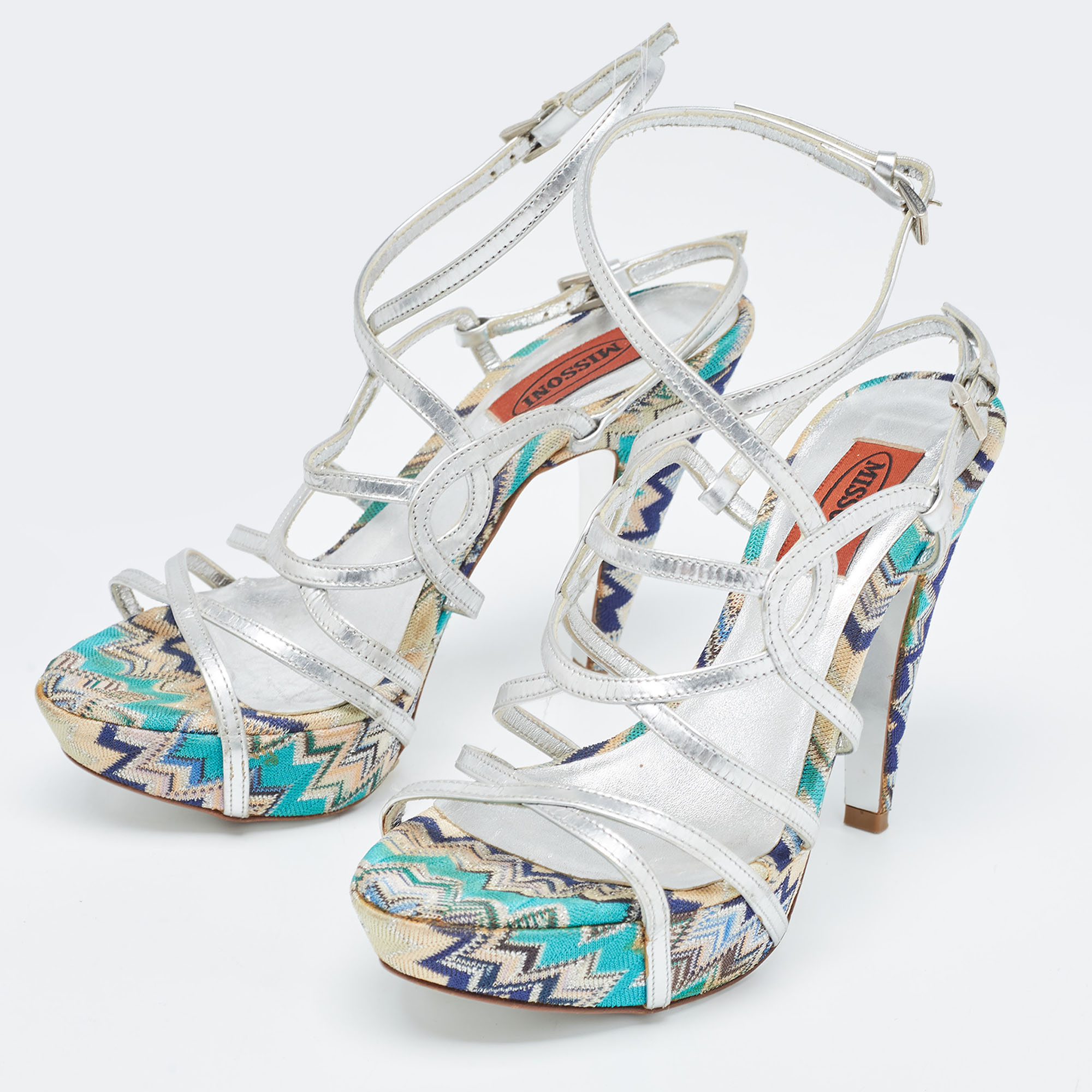 

Missoni Silver Leather T Strap Platform Sandals Size
