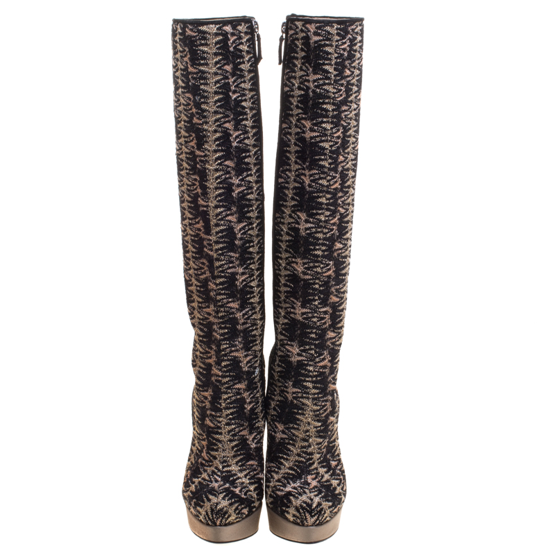 Missoni Black and Gold Patterned Knit Fabric Knee High Boots Size 37 ...