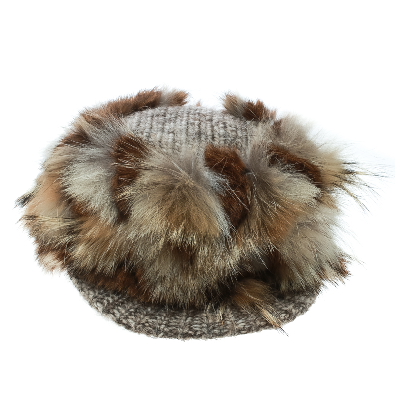 Pre-owned Missoni Brown Coyote And Rabbit Fur Newsboy Cap Size M
