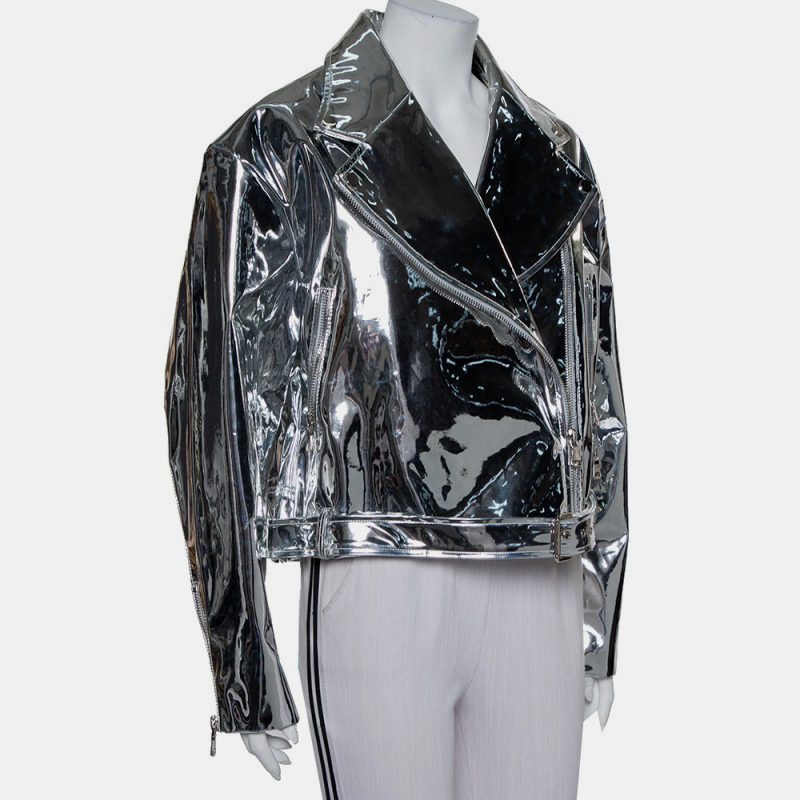 

Mistress Rocks Metallic Silver Synthetic Zip Front Biker Jacket