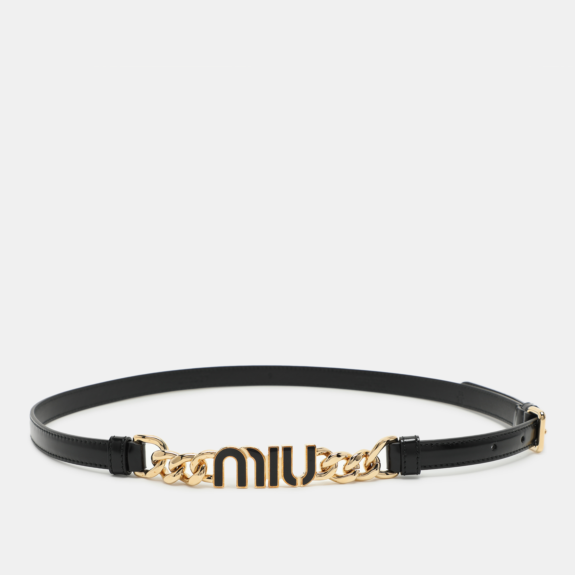 

Miu Miu Black Leather Logo Chain Link Waist Belt 85CM