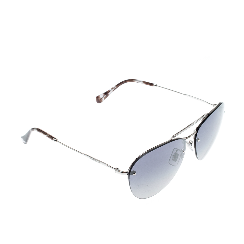 Miu Miu Silver/Blue Grey Gradient Silver Mirrored SMU54U Aviator Sunglasses