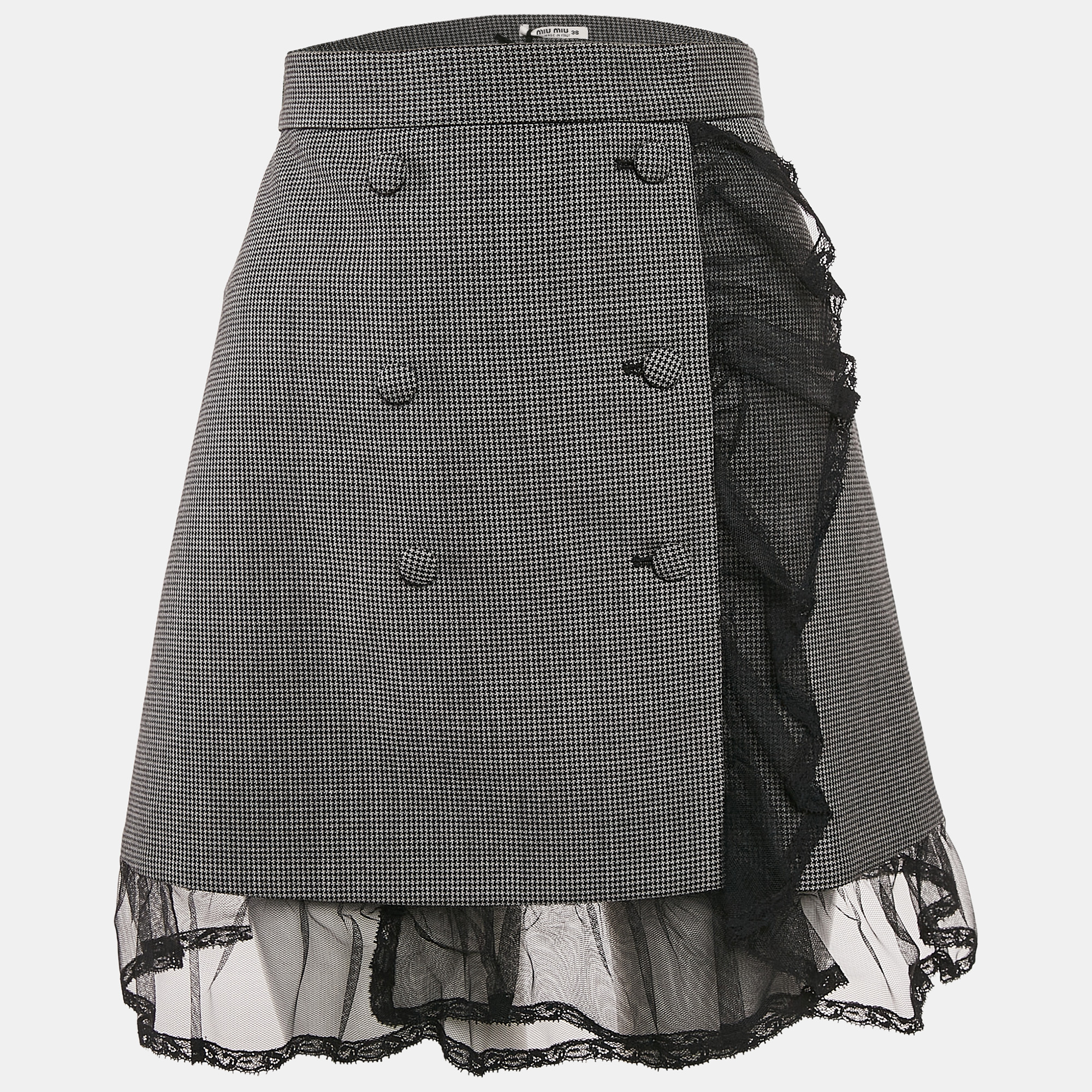 

Miu Miu Grey Checks Tulle Trim Wool Mini Dress S