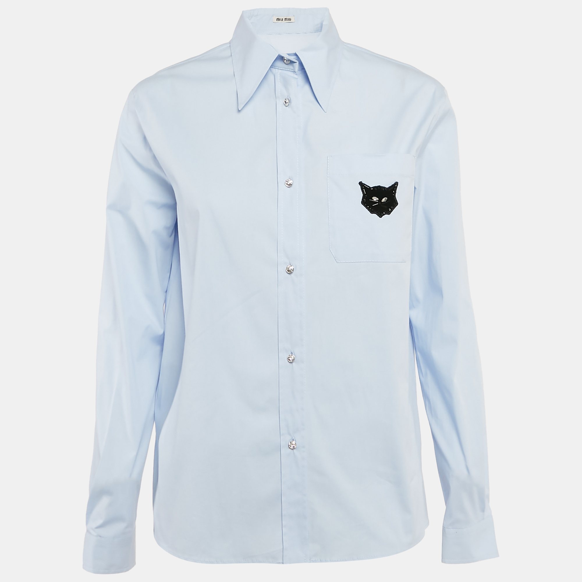 

Miu Miu Blue Stretch Poplin Cat Applique Button Front Shirt S