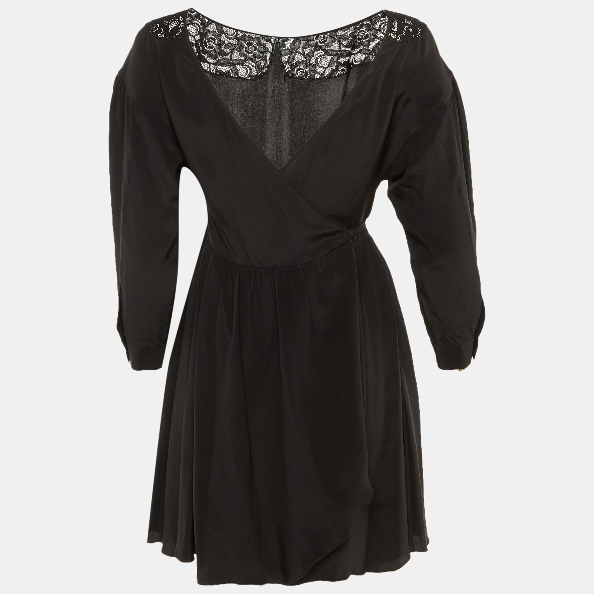MIU MIU Pre-owned Black Silk Lace Detail Wrap Around Mini Dress Xs
