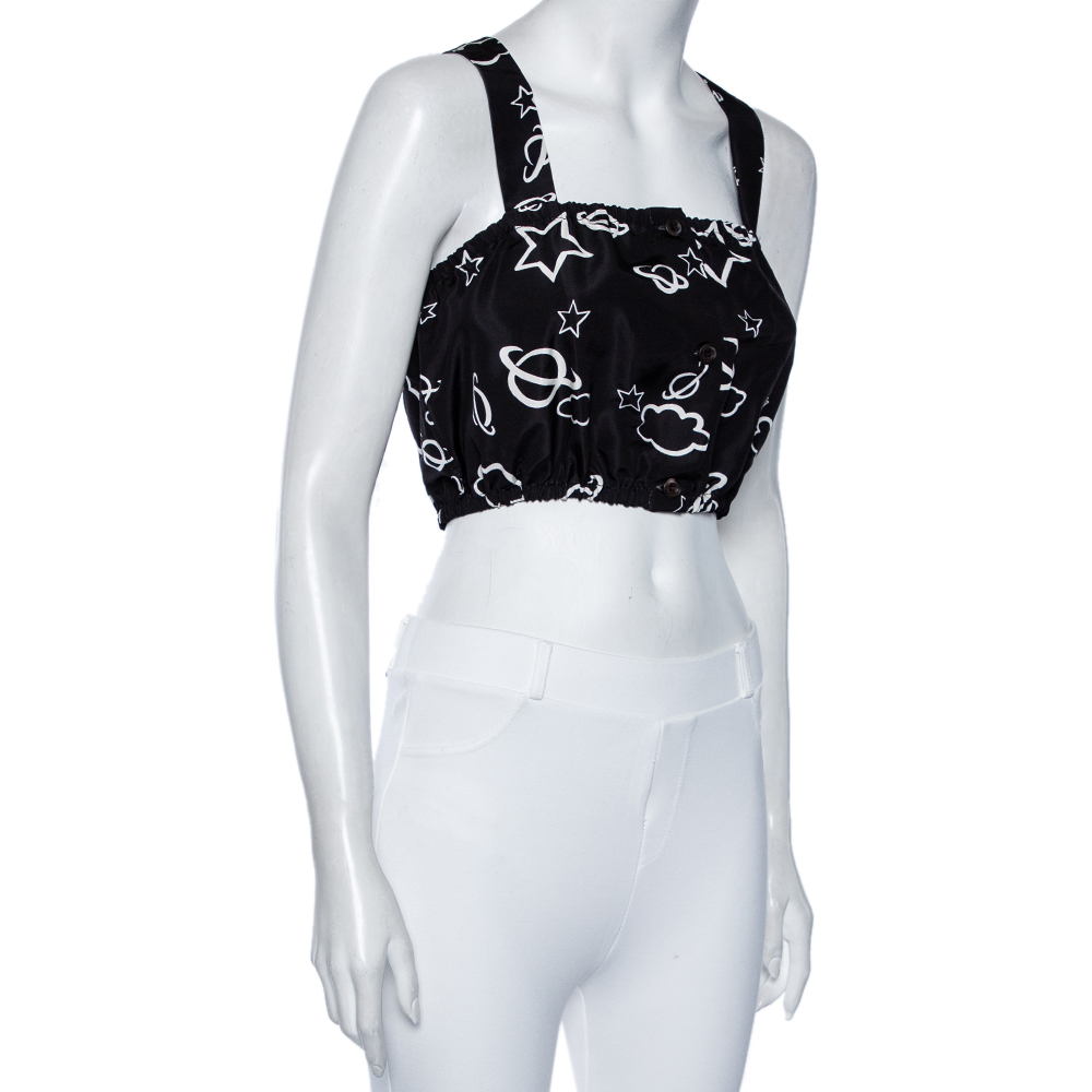 

Miu Miu Black Galaxy Printed Silk Button Front Sleeveless Crop Top