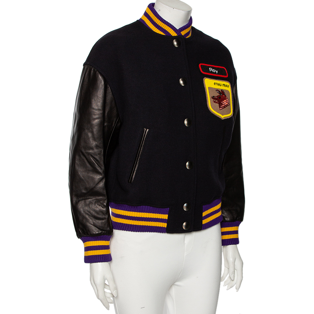 

Miu Miu Black Wool & Leather Paneled Fox & Roy Appliqued Varsity Jacket