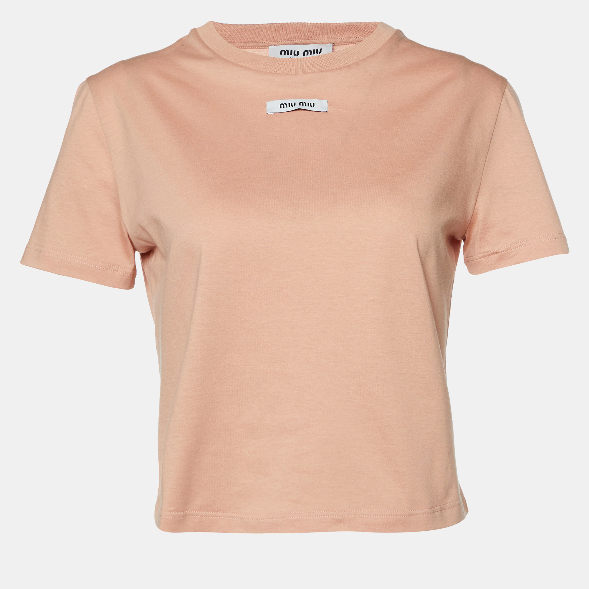 

Miu Miu Powder Pink Cotton Logo Label Detail Cropped T-Shirt S