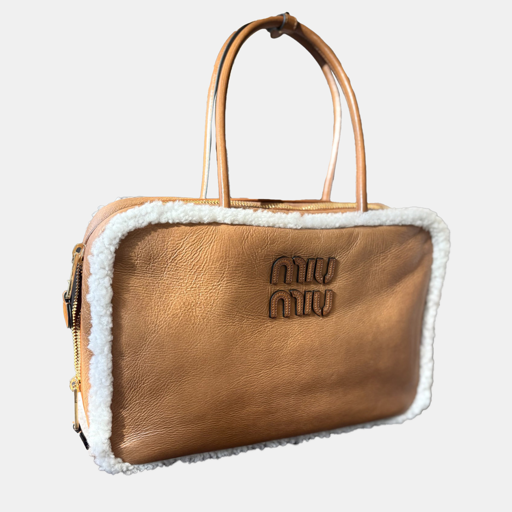 

Miu Miu Caramel Lambskin Large Bowling Bag, Brown