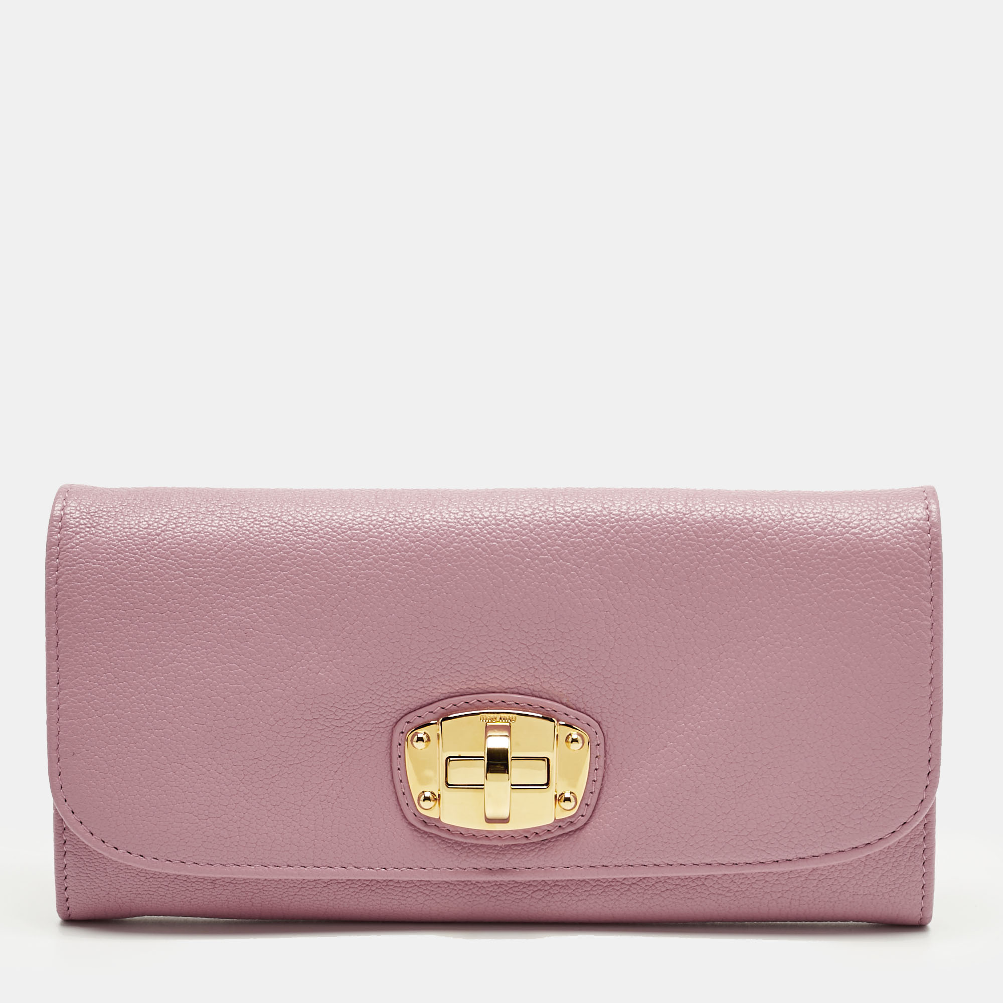 Pre-owned Miu Miu Pink Leather Twist Lock Flap Continental Wallet