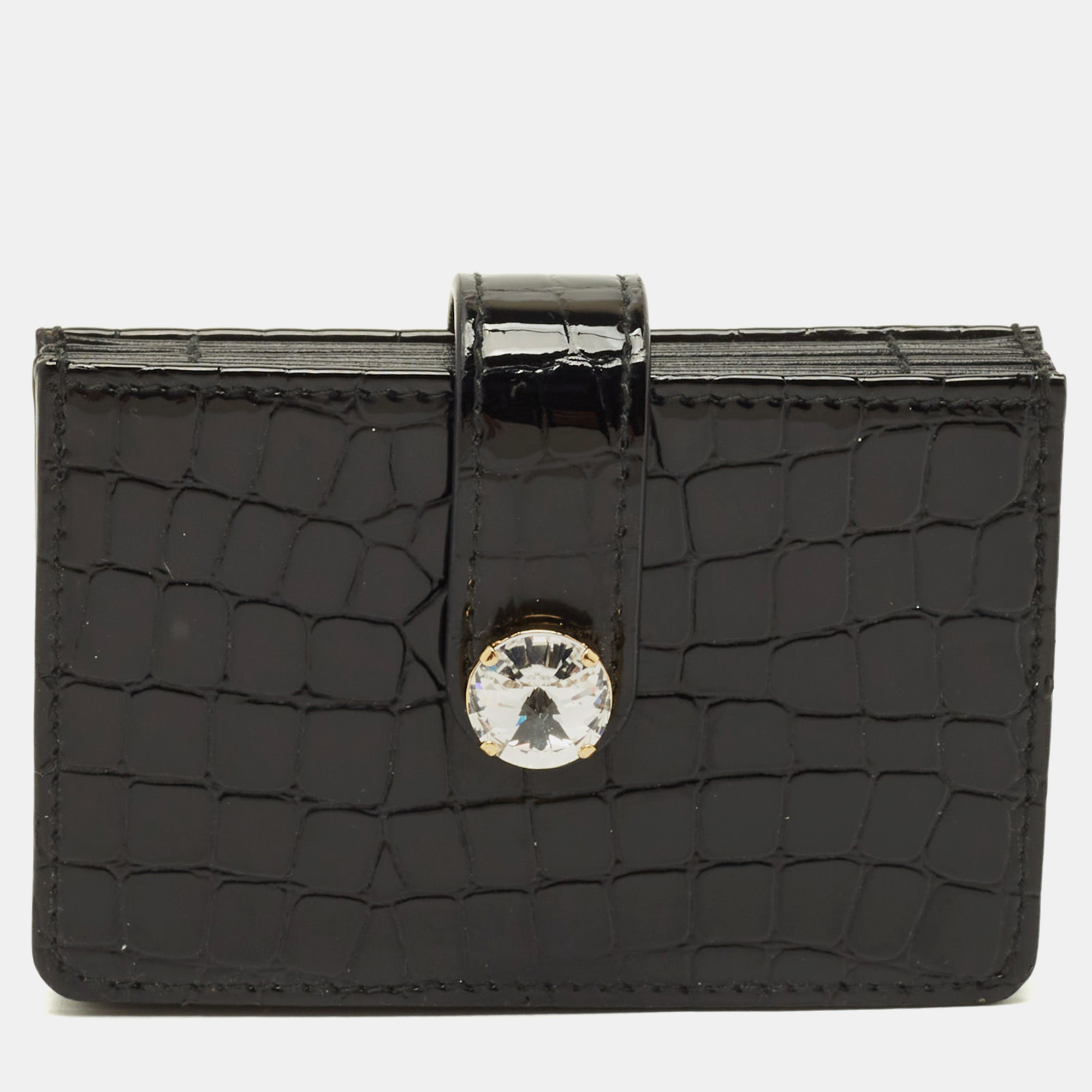 

Miu Miu Crystal Embellished Black Croc Embossed Patent Leather Flap Card Holder