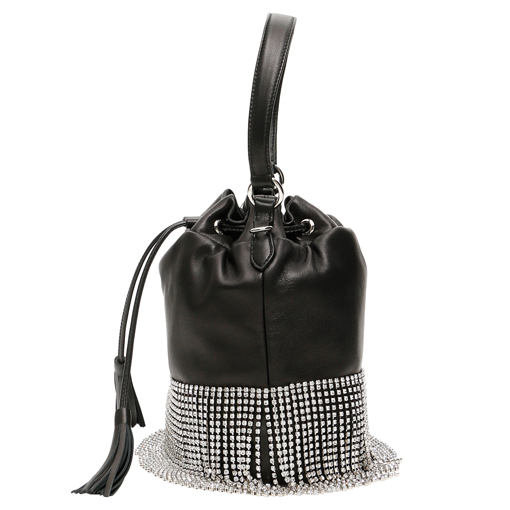 

Miu Miu Black Leather Crystal Fringe Bucket Bag