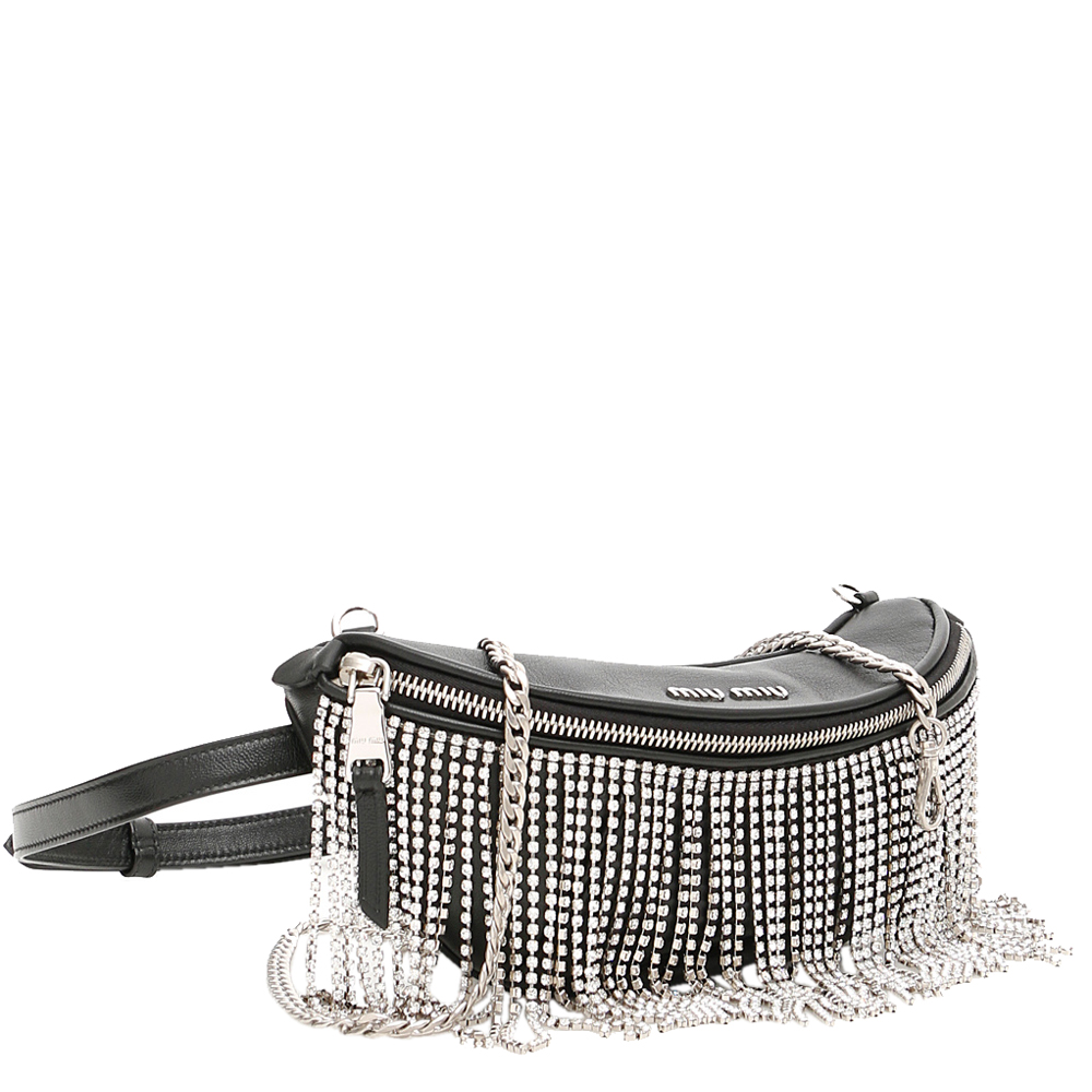 

Miu Miu Black Leather Crystal Fringed Belt Bag