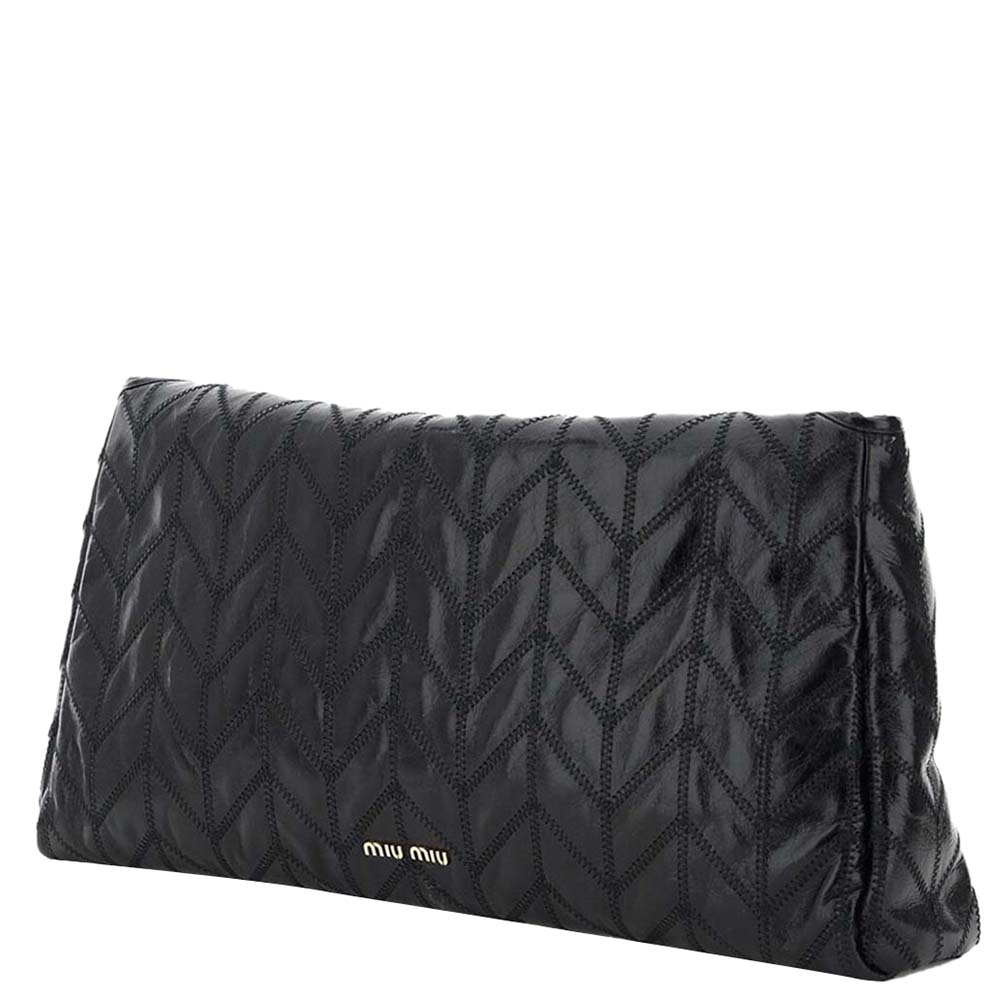 

Miu Miu Black Leather Patchwork Embroidery Clutch Bag