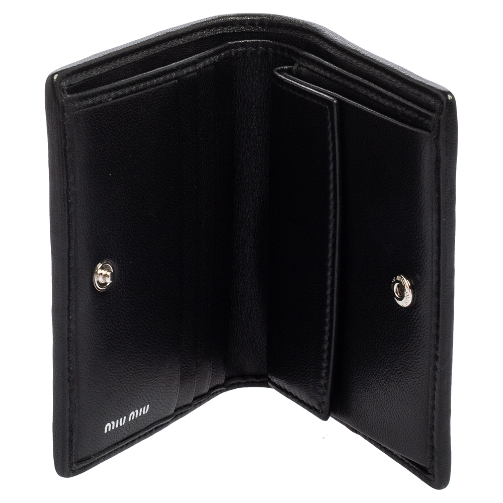 

Miu Miu Black Matelassé Leather Crystal Embellished Flap Compact Wallet