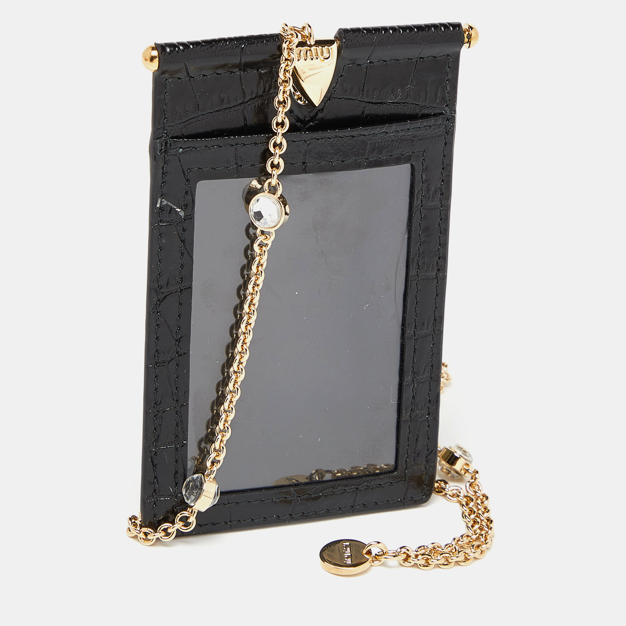 

Miu Miu Black Croc Embossed Leather Chain Badge Holder