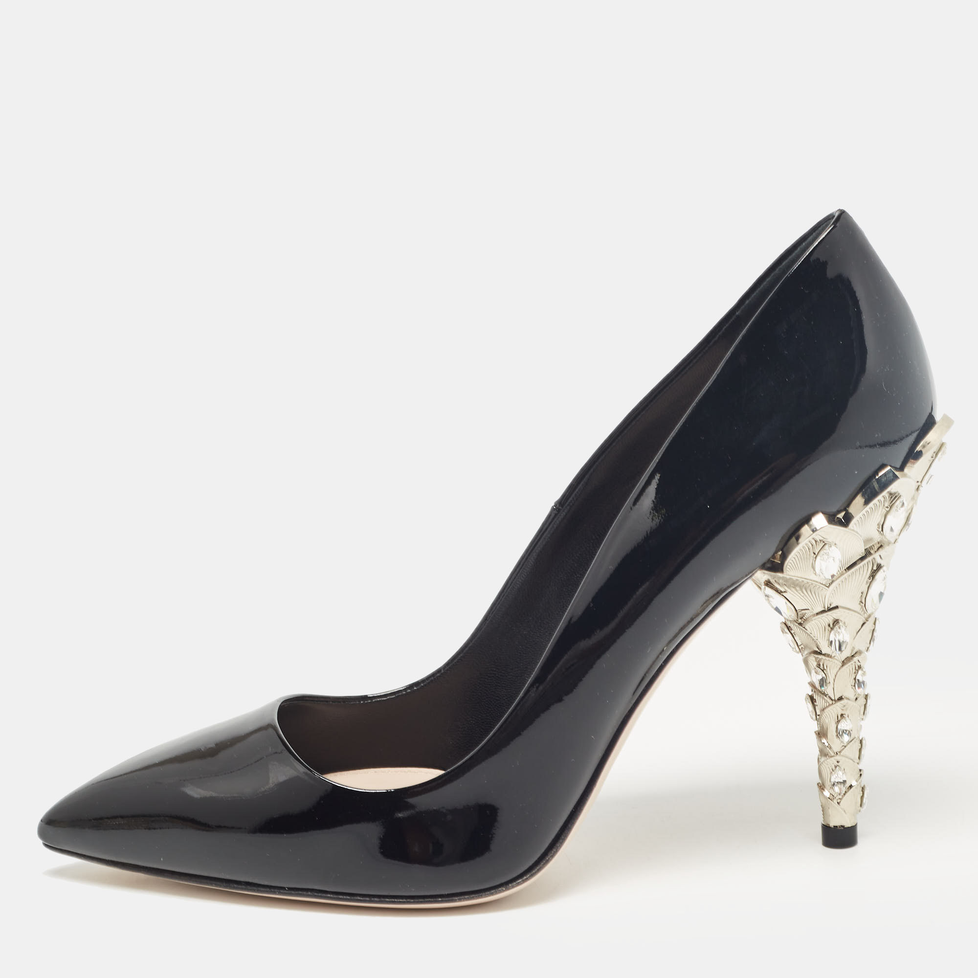 

Miu Miu Black Patent Leather Crystal Embellished Heel Pumps Size