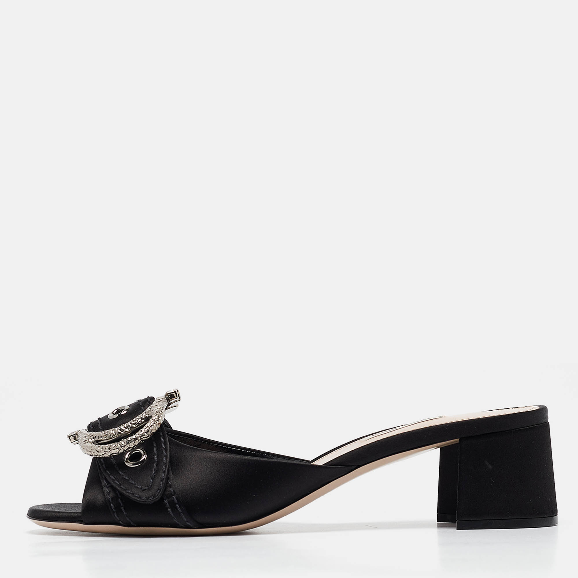 

Miu Miu Black Satin Buckle Detail Crystal Embellished Slide Sandals Size