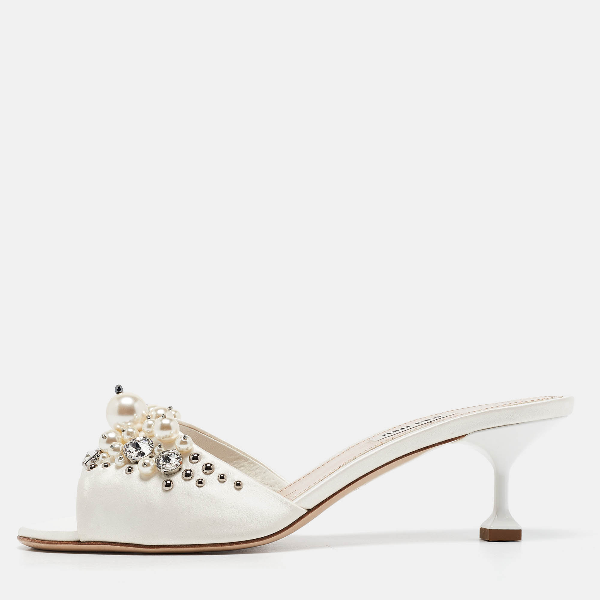 

Miu Miu Cream Satin Embellished Slide Sandals Size