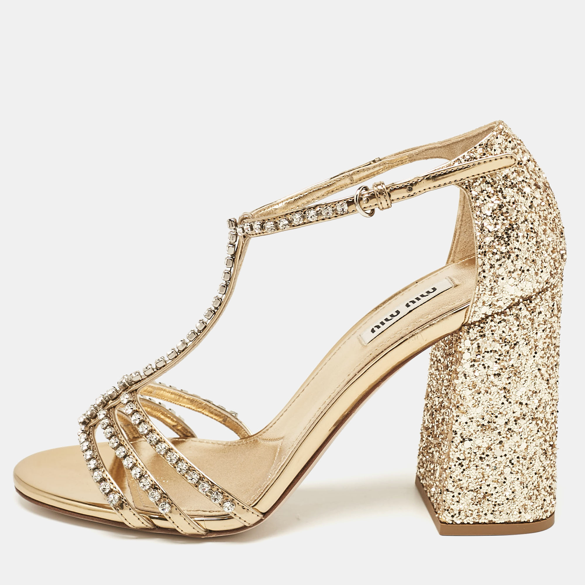 

Miu Miu Gold Glitter and Leather Crystal Embellished Ankle Strap Sandals Size