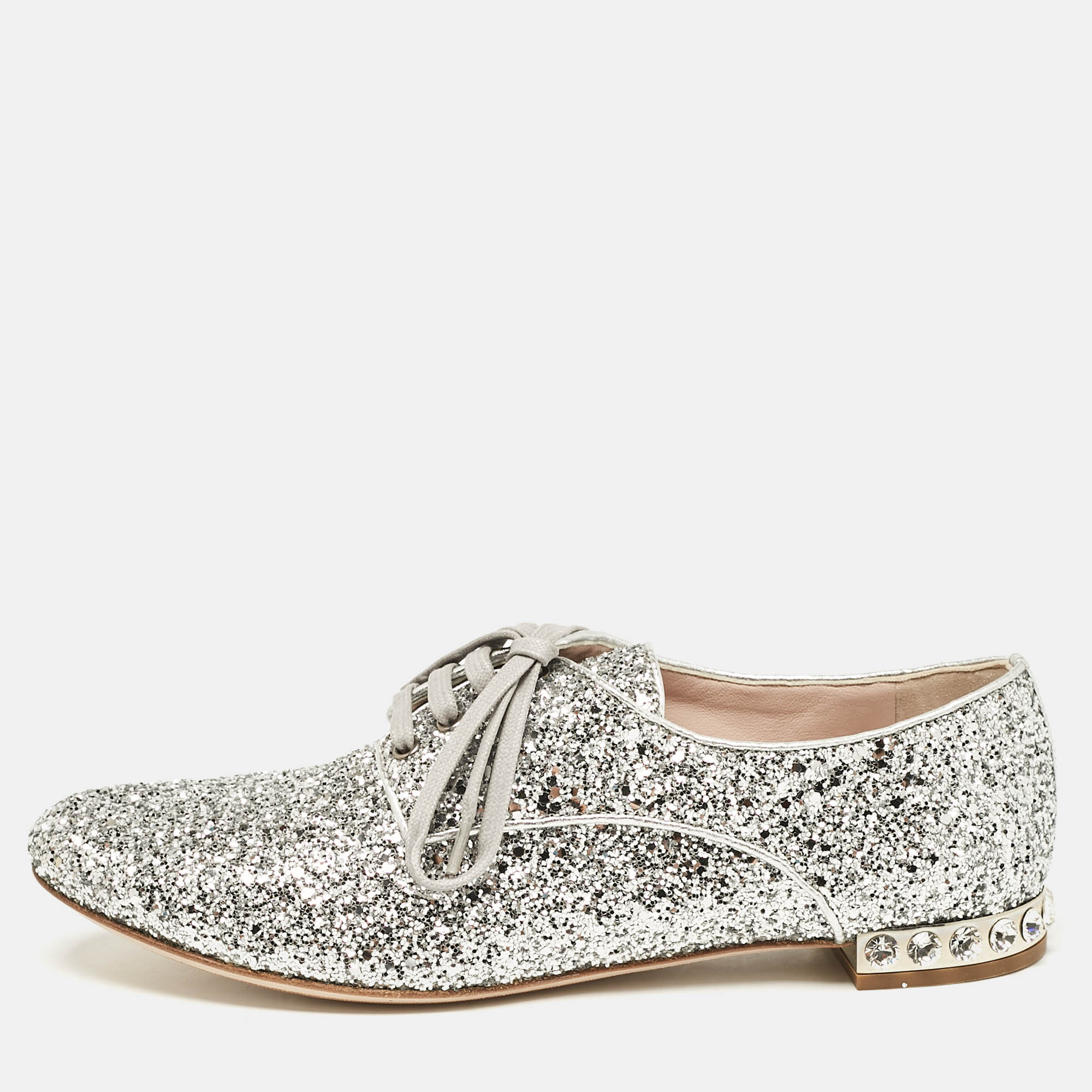 

Miu Miu Silver Glitter Crystal Embellished Heels Lace Up Derby Size