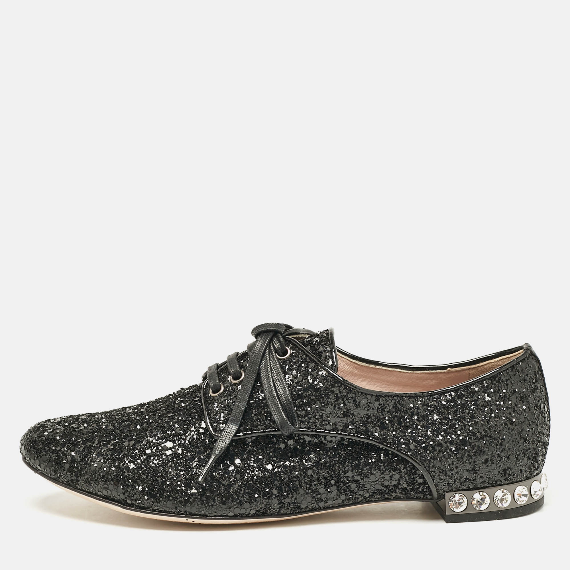 

Miu Miu Black Glitter Crystal Embellished Heels Lace Up Derby Size