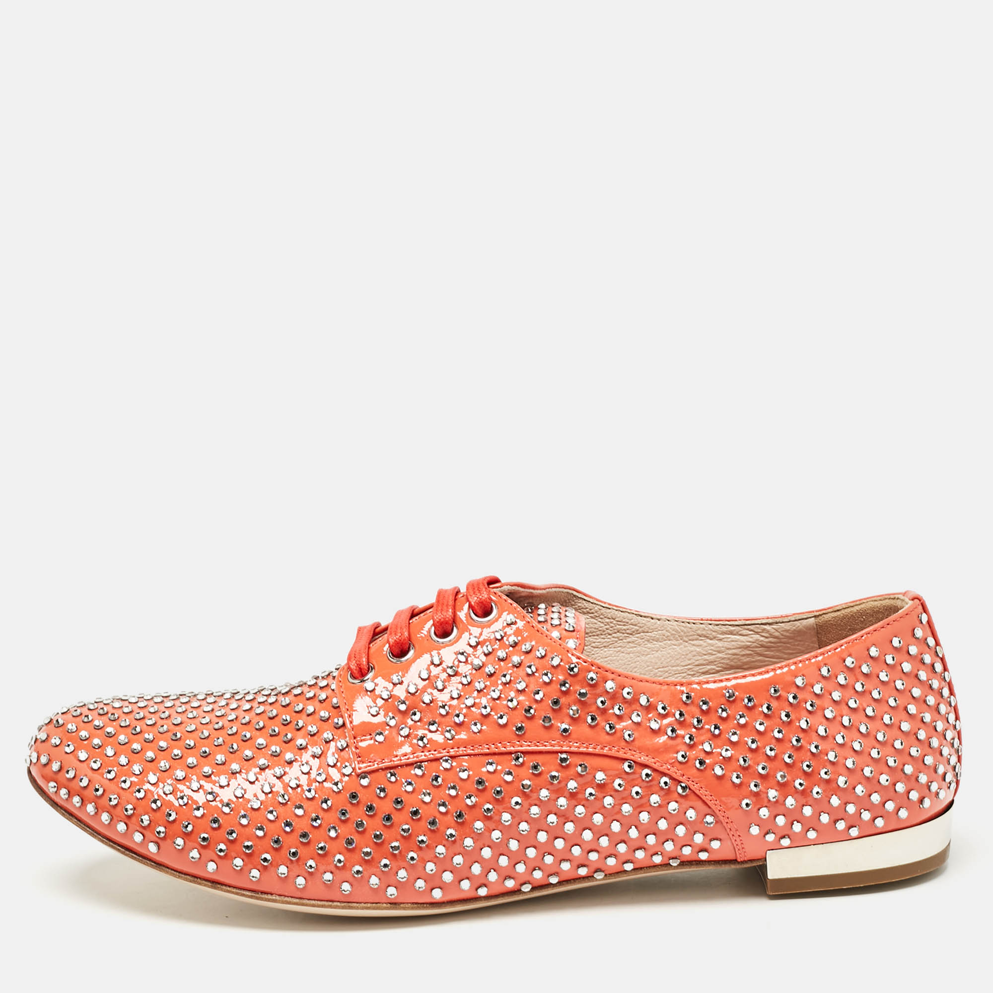 

Miu Miu Orange Patent Leather Crystal Embellished Heels Lace Up Derby Size