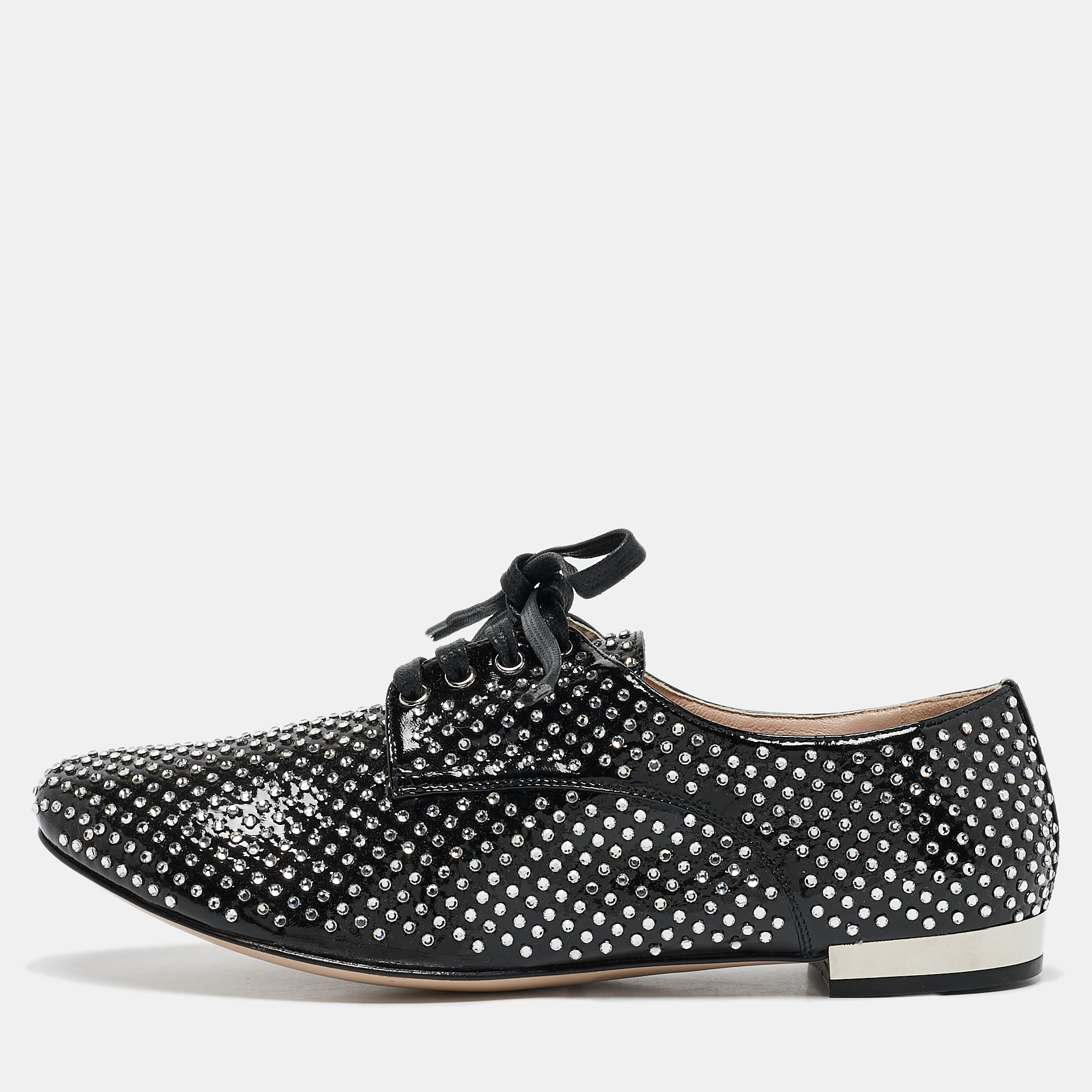 

Miu Miu Black Patent Leather Crystal Embellished Lace Up Derby Size